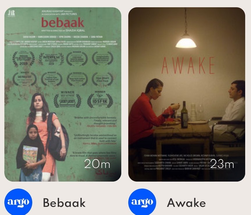 CinemaRareIN's tweet photo. Now streaming on @Watch_Argo :

#Bebaak by #ShaziaIqbal
#Awake by #AtulMongia
#KnockKnockKnock by @iamsuds 
#TheIdiot by @ruchisjoshi &amp; @Sriram_DoP. https://t.co/JDE150ttfn
