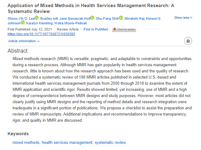 Check out one of MCRR's recently published papers, 'Application of Mixed Methods in Health Services Management Research: A Systematic Review'! You can read it now at journals.sagepub.com/doi/full/10.11…!