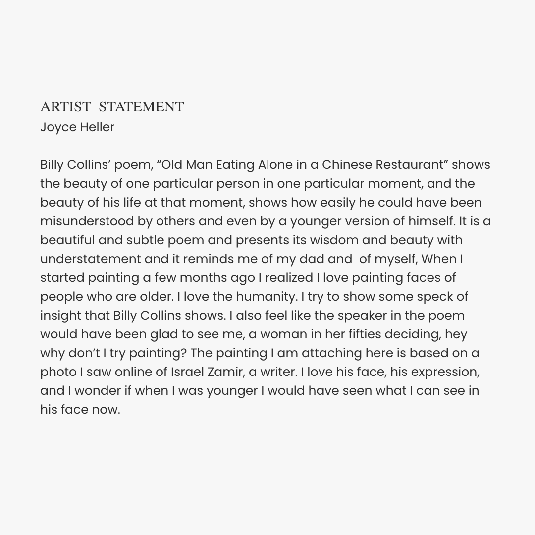 #ArtSpeaksToArt

Joyce Heller shares "His Face" with the #FavoritePoemProject, inspired by the poem "Old Man Eating Alone in a Chinese Restaurant" by Billy Collins.