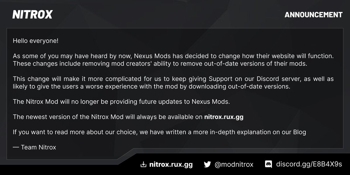 ModNitrox's tweet photo. We have something to say about the changes coming to the Nexus Mods website.
Read the full announcement here: https://t.co/K2d67ZPDiy
#NexusMods #NitroxMod #Modding https://t.co/sk0tEUcVwz