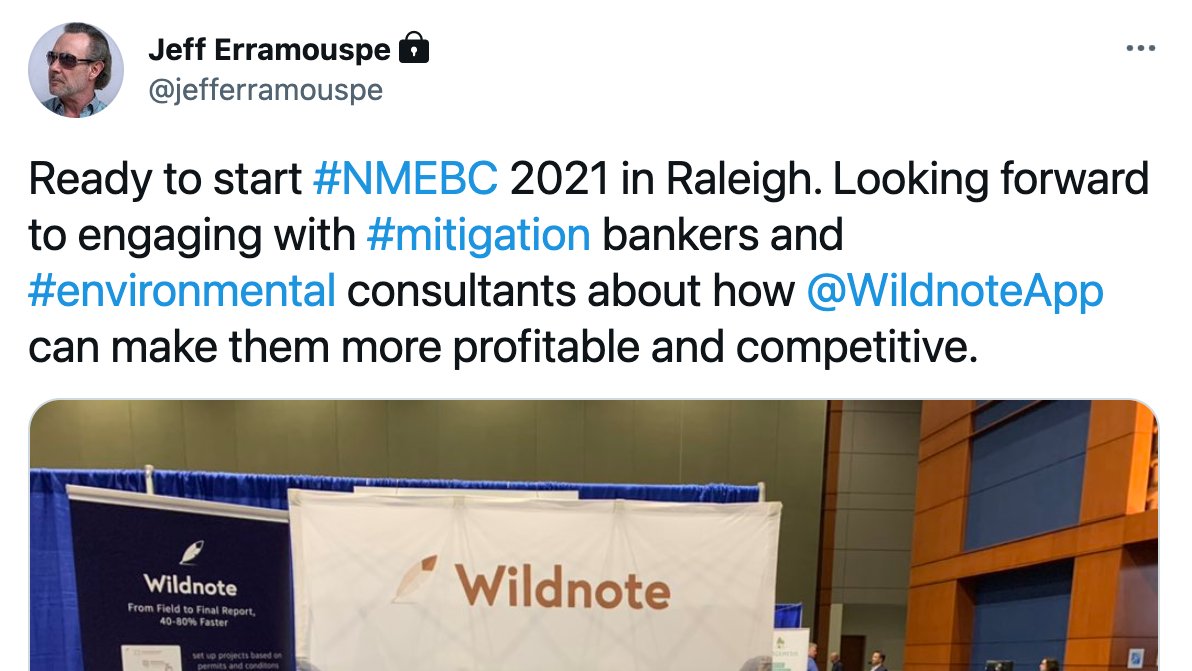 WildnoteApp's tweet photo. If you're at #NMEBC2021 make sure to stop by Booth #35 to say hello to Wildnote's @jefferramouspe and @ReKneeP! ๐
@NMEBConference #mitigationbanking #wetlands #environmentalconsultants https://t.co/Oek217gd34