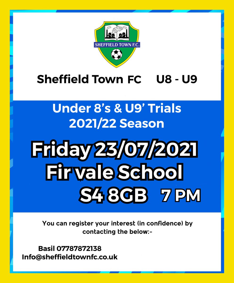 SheffieldTownFC's tweet image. We are holding trials for U8 and U9 this Friday at 7pm at Firvale School.
Everyone is welcome to attend.

#Sheffield #STFC