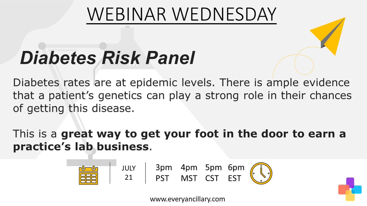 Join the online meeting:  
join.freeconferencecall.com/mberg39  
Dial-in number (US): (605) 472-5283
Access code: 622125#
3pmPST / 4pmMST/ 5pmCST/ 6pm EST

We look forward to seeing you on the webinar!

The Every Ancillary Team

#diabetes #diabetescare #diabetesriskpanel #diabetesawareness