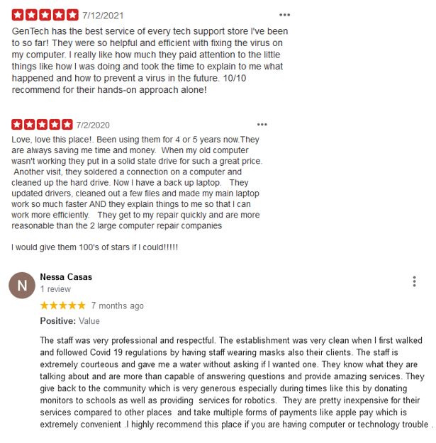 GenTechSupport's tweet image. Some of the great feedback from our amazing customers! Stop by and meet our great techs who will help you with all your tech needs. 

gentechsupport.com

#gentech #tech #computers #technology