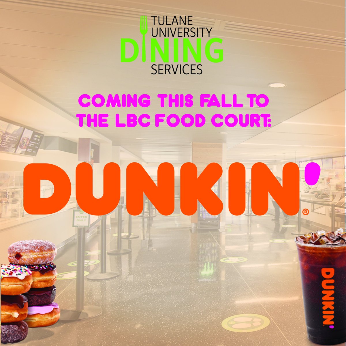 TulaneDining's tweet photo. 🍩☕️ Tulane Dining is proud to announce our newest addition to the LBC Food Court: Dunkin’. Dunkin’ will offer its flagship donuts, bagels, muffins, as well as a wide variety of breakfast sandwiches. We can’t wait for our students, faculty, and staff to be “runnin’ on Dunkin'!”. https://t.co/84JPY7h96e