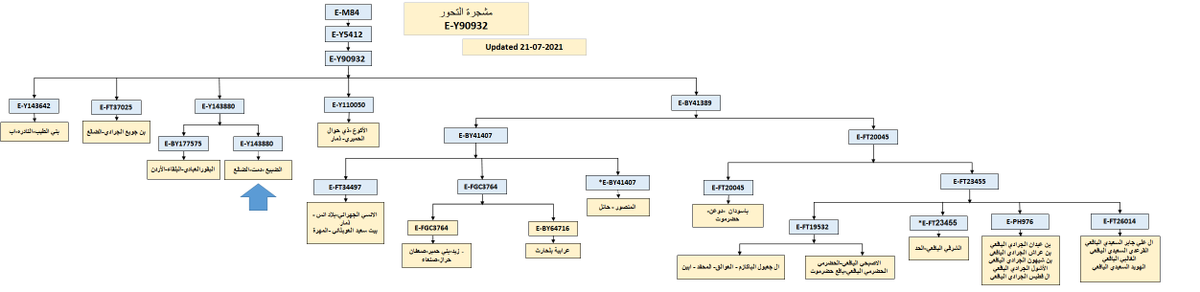 يسرنا إعلان نتيجة BigY700 عينة بني الضبيع العامري-الضالع-وسط اليمن
برقم:B144362
موجبة للتحورات:
E-M84>Y90932>Y143882

تشترك في التحور Y143882 مع عينات عشيرة البقور-بني عباد-الاردن , من ثم تلتقي بعينات التكتل الجيني اليمني أسفل التحور Y90932. 

*مرفقة مشجرة التحور E-Y90932