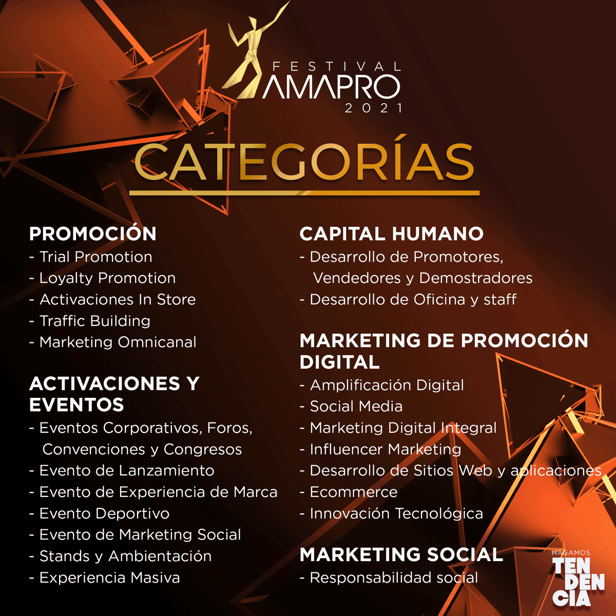 Conoce las 22 categorías en las que puedes inscribirte en esta edición. Ingresa a festivalamapro.com para más información sobre las bases del concurso. #HagamosTendencia tus mejores casos.