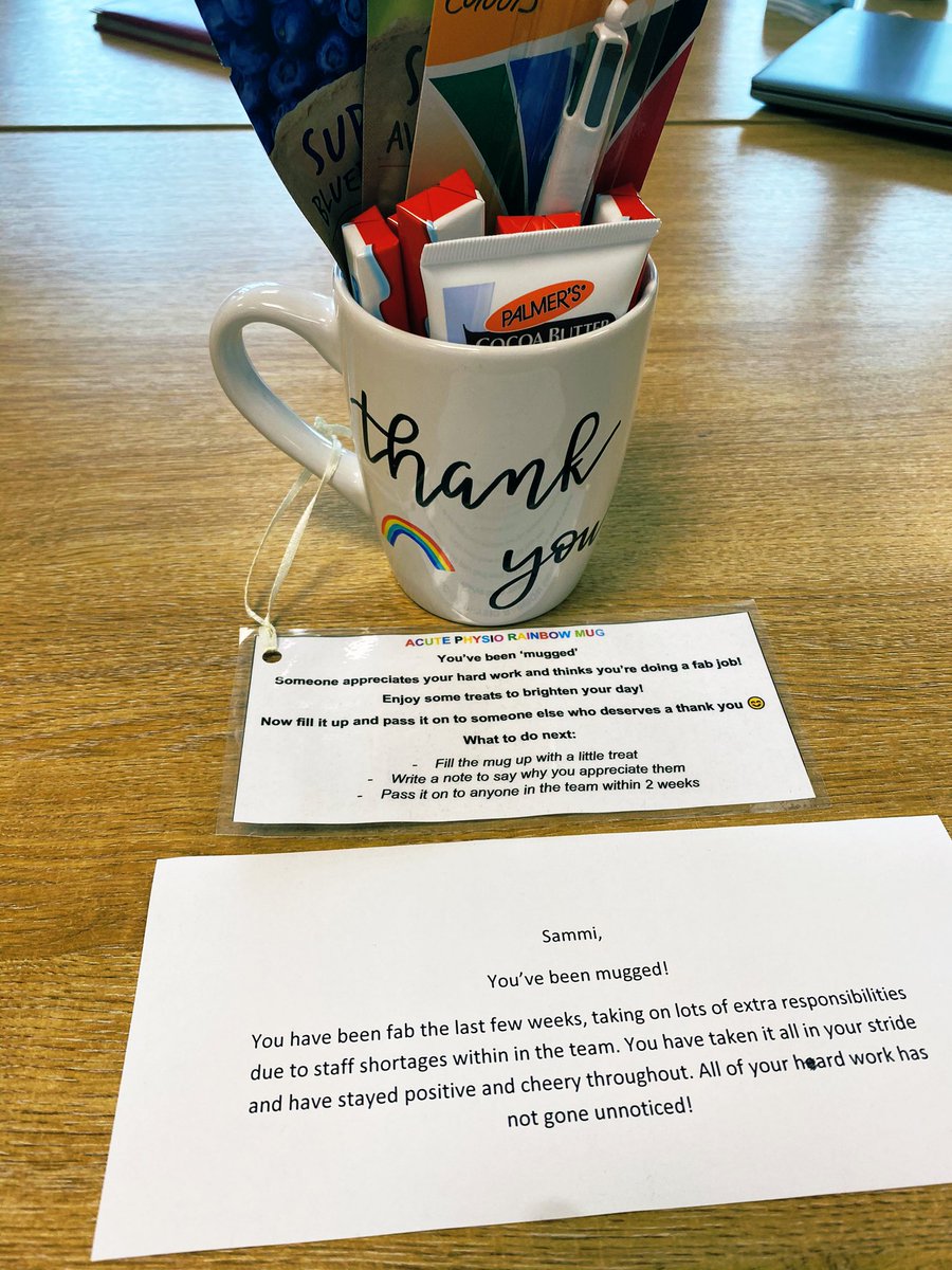 Got ‘mugged’ at work today ☕️ 😂... Really thoughtful gift and nice words from the acute physio team <a href="/GWH_NHS/">Great Western Hospitals NHS Foundation Trust</a> <a href="/JordanArmishaw/">jordanya</a> 💞 
I know everyone is busy and working really hard at the moment so it’s really lovely to be individually appreciated🥰 #respiratory #phsyio