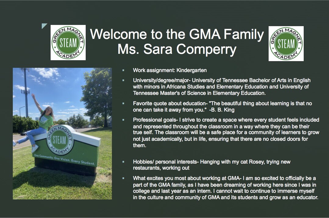 GMASteam's tweet photo. Welcome Ms. Sara Comperry to our amazing Kindergarten team. Ms. Comperry served as a UT intern last year at GMA in Ms. Cox’s first grade classroom! We are so happy to have her back with us, and cannot wait to see the amazing things she will do for our school and students!💚 https://t.co/qU7e3JQdl5