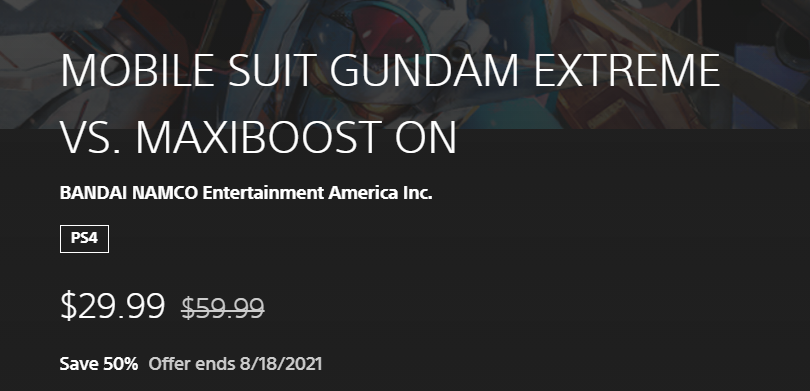 CosmicLullaby_'s tweet photo. Gundam Extreme VS Maxi Boost ON is currently 50% off on the US PS Store! The sale ends on 8/18.

https://t.co/mqj2kLZbc8 https://t.co/4G1gfpINr7
