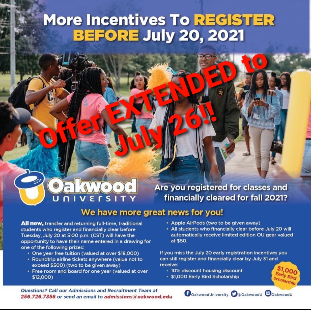 OakwoodU's tweet photo. It's been extended! You've got 6 extra days to have the chance to win some incentives if you register before the 26th! Register today! https://t.co/lzvuEniGHQ