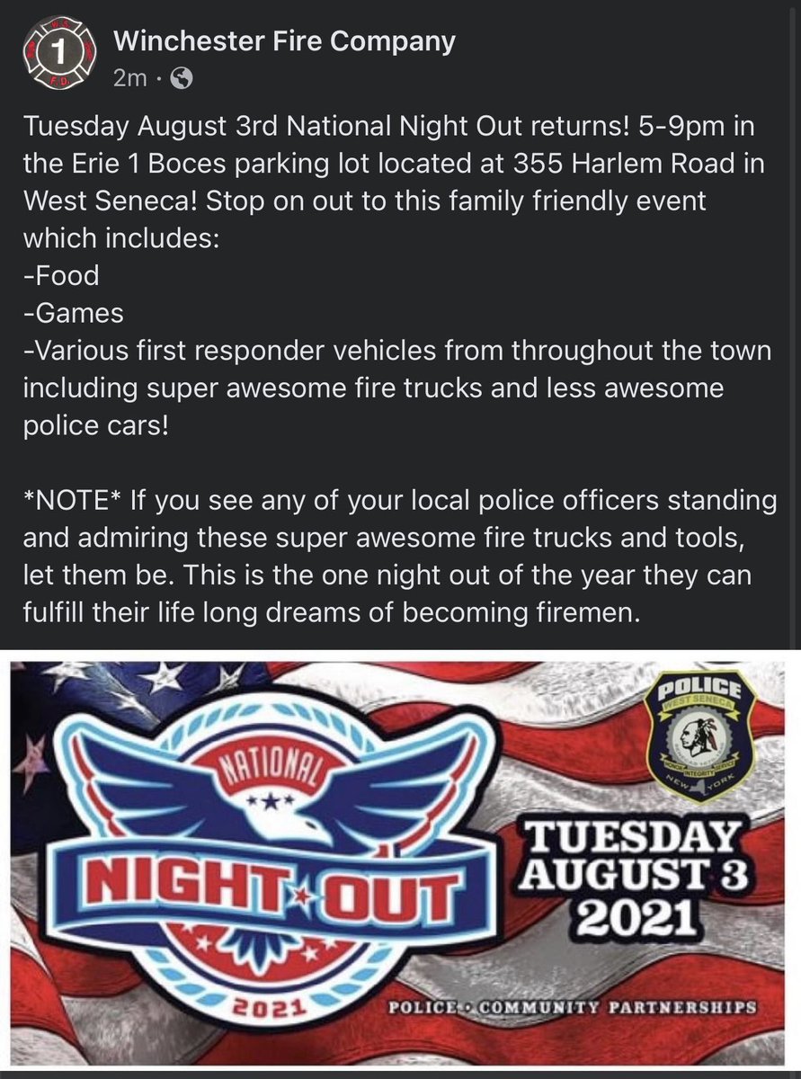 WinchesterVFC's tweet photo. National Night Out August 3rd! @wspolice https://t.co/MlATVRZ6Pp