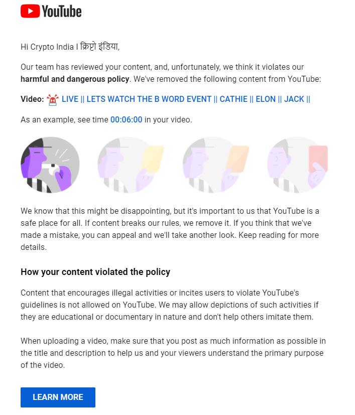 Hi <a href="/YouTube/">YouTube</a> <a href="/YouTubeIndia/">YouTube India</a> - Our channel has been terminate for streaming harmful and dangerous content.

This seems like a mistake, Please reinstate the channel.