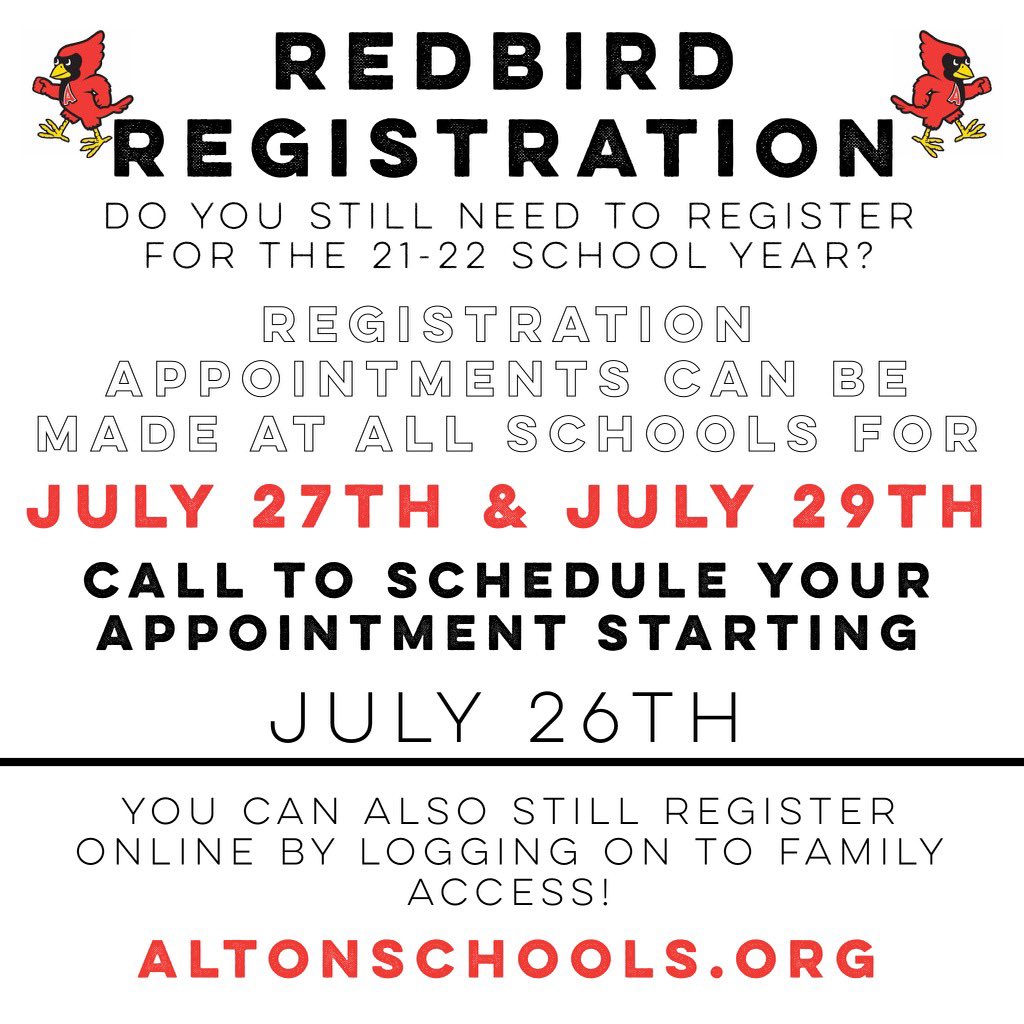 The 2021-22 school year is quickly approaching.  Online registration is ongoing, but here is some info if you need assistance. #connectedredbird