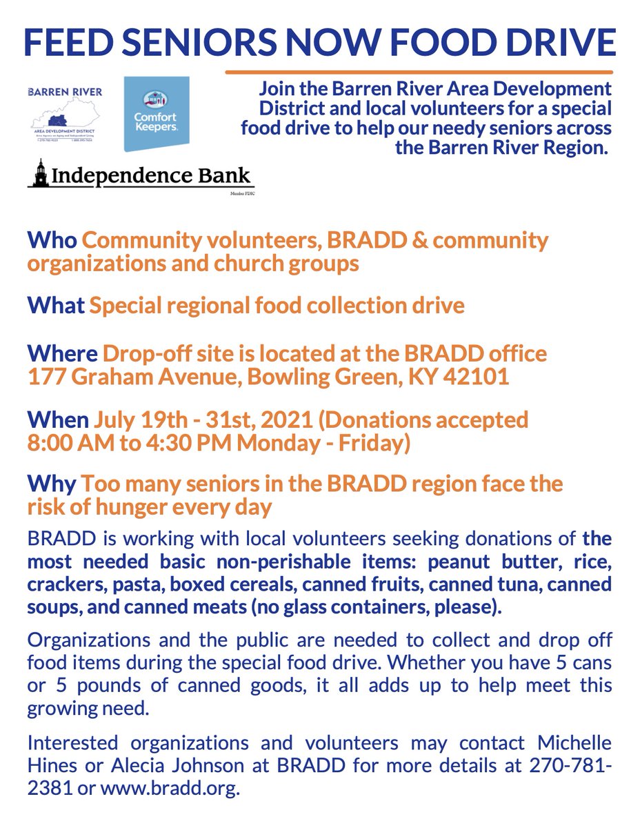 BG_Comfort_Keep's tweet photo. Comfort Keepers is honored to partner with the @BarrenRiverADD on the Feed Seniors Now Food Drive. 
Now thru July 31st, we will be collecting non-perishable food donations for the seniors across the Barren River Region. Call us if you would like donations picked up! (270)782-3600 https://t.co/AojAs6ykqF