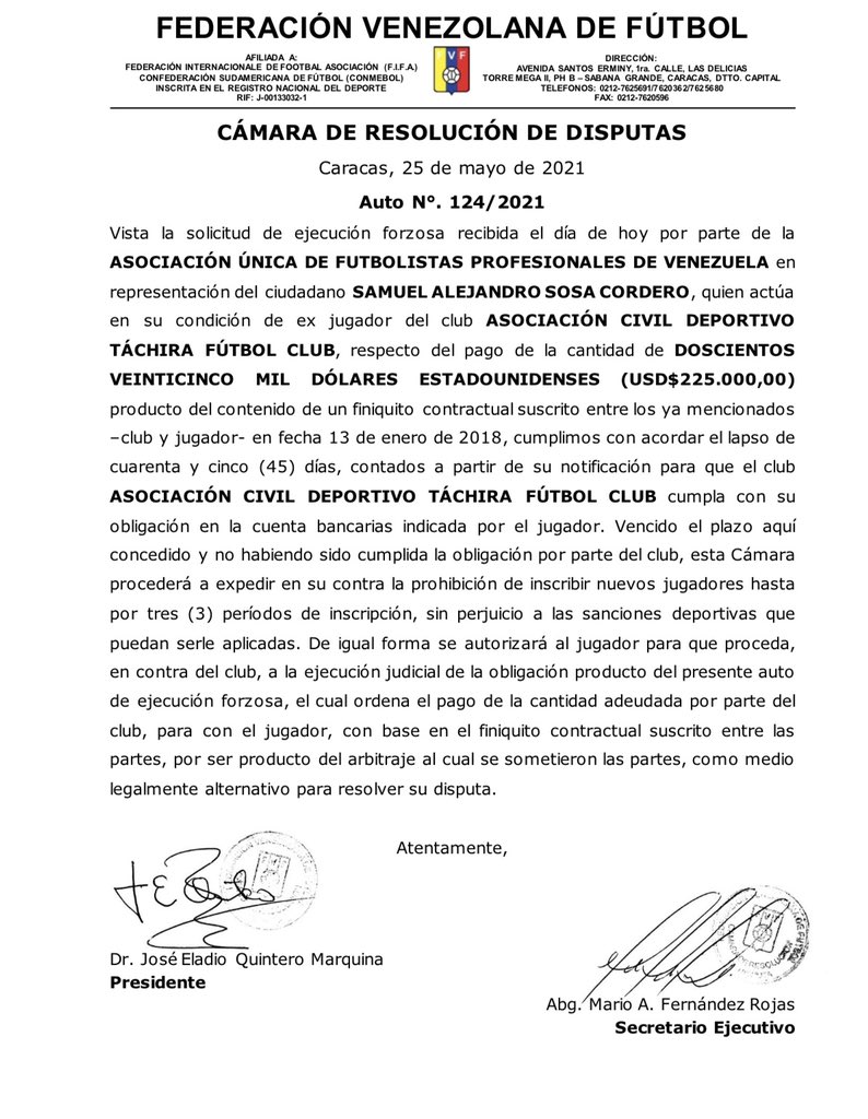 samusosa10's tweet photo. Hago de conocimiento público la resolución de la Cámara de Resolución de Disputas de la @FVF_Oficial a mi favor por la deuda que tiene conmigo @DvoTachira desde hace tres (3) años. Nuevamente solicito por favor me paguen. Por el bien propio, de mi familia y Dvo. Táchira. 
@aufpv https://t.co/sOCLzBma5E