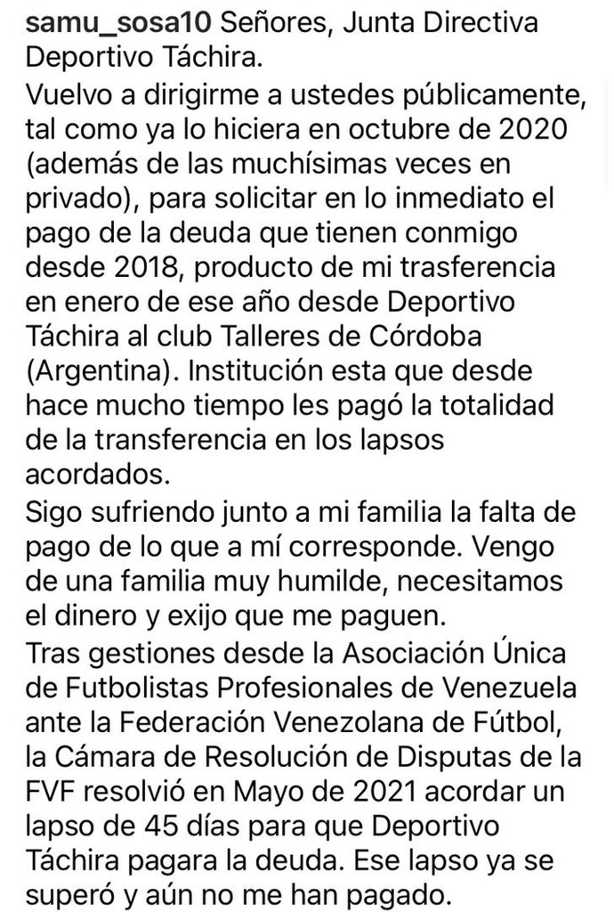 samusosa10's tweet photo. Hago de conocimiento público la resolución de la Cámara de Resolución de Disputas de la @FVF_Oficial a mi favor por la deuda que tiene conmigo @DvoTachira desde hace tres (3) años. Nuevamente solicito por favor me paguen. Por el bien propio, de mi familia y Dvo. Táchira. 
@aufpv https://t.co/sOCLzBma5E