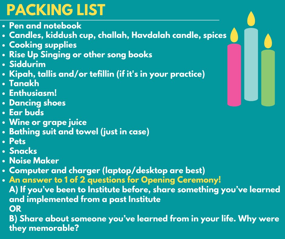 havurah's tweet image. Are you coming to #nhcsummerinstitute2021? Here is your packing list!  #jewishlearning #jewishcommunity
#riseupsinging #kipah #havdalah #shofar #havurah