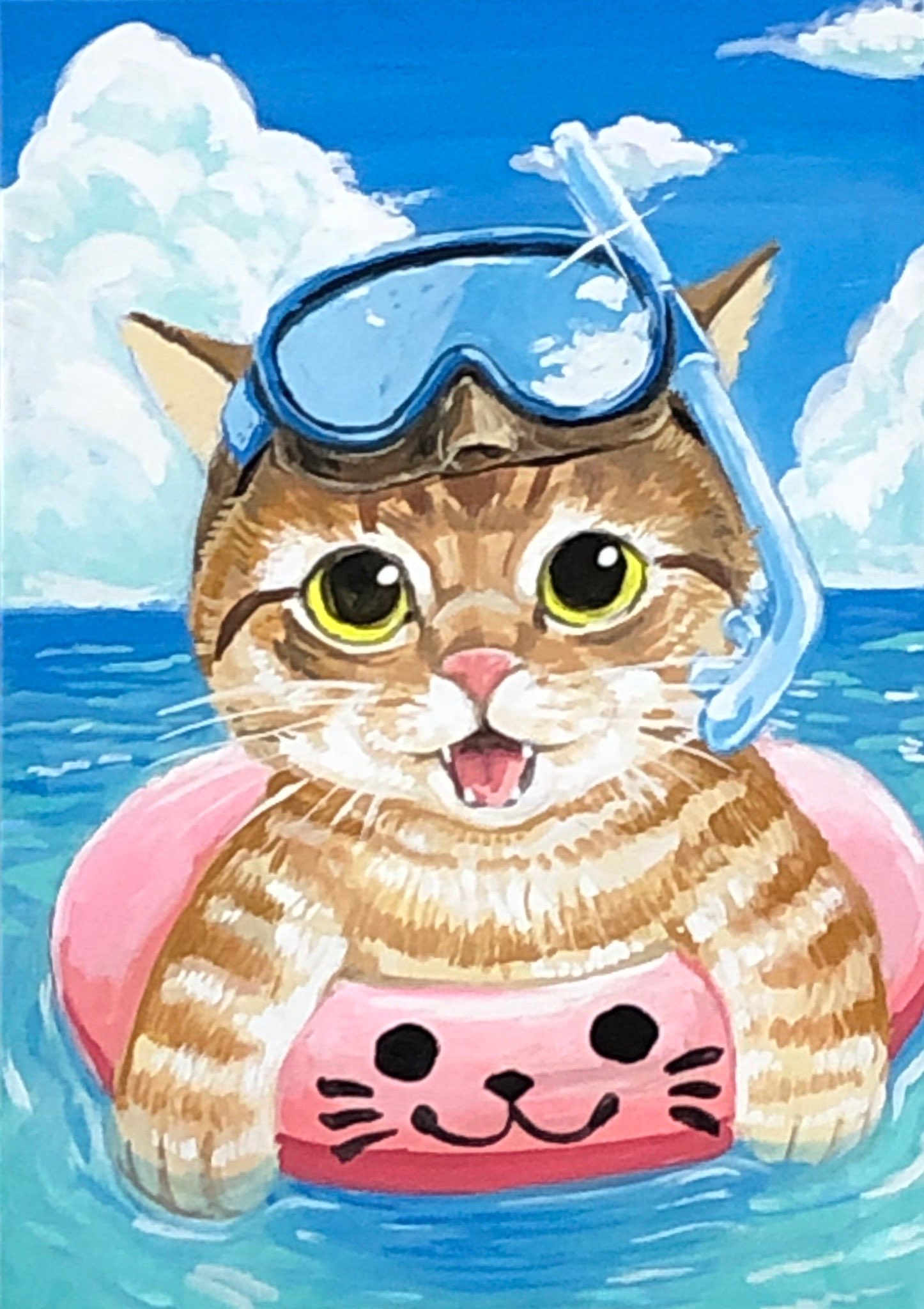 鬼辰カケル アクリル画 海水浴ニャンコ アクリル絵の具 A5ケント紙 今日7月22日は海の日 海水浴をしているニャンコさんを描きました 鬼辰一日一絵 海の日 T Co Suwq35al3m Twitter