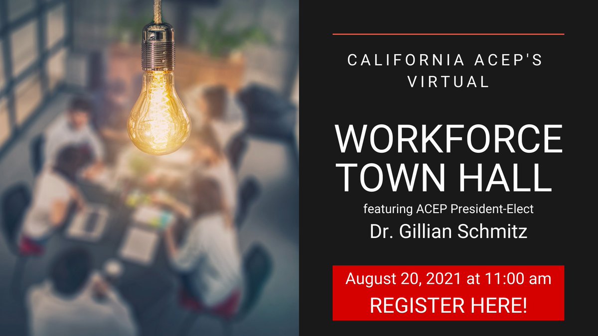 Join us on August 20th for a CalACEP Member Town Hall about #emergencymedicine workforce featuring @ACEPNow President-Elect <a href="/GillianMD1/">Gillian Schmitz</a>. Register: californiaacep.org/events/EventDe…