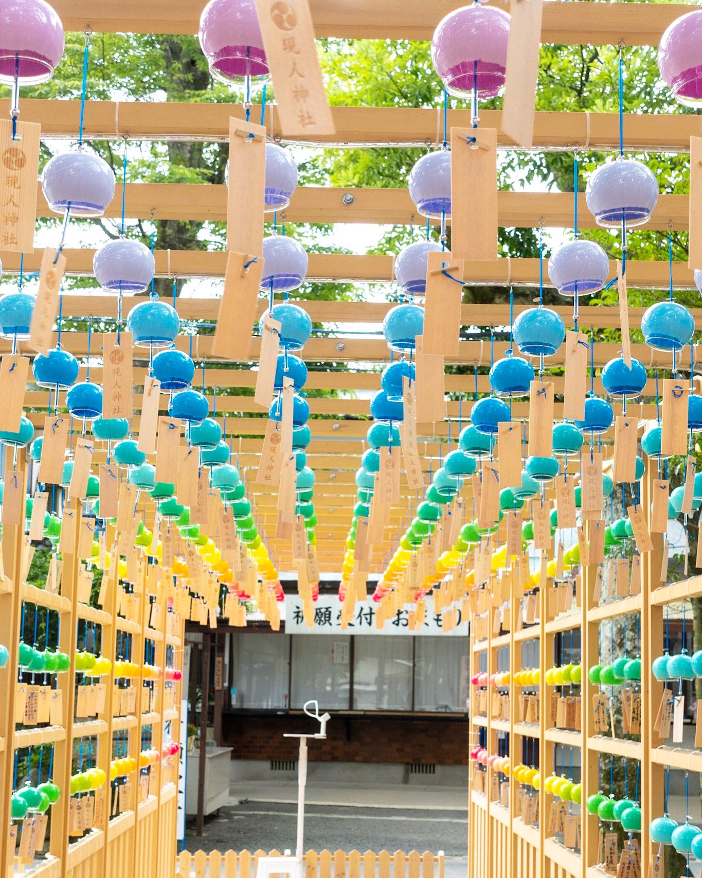 現人神社 風鈴の色を入れ替えました 現人神社への交通アクセス 博多駅から博多南駅 那珂川市 まで８分 博多南駅からバス タクシーで１０分 福岡空港から地下鉄博多駅まで６分 営業時間 8 30 17 00 風鈴 願いむすび風鈴