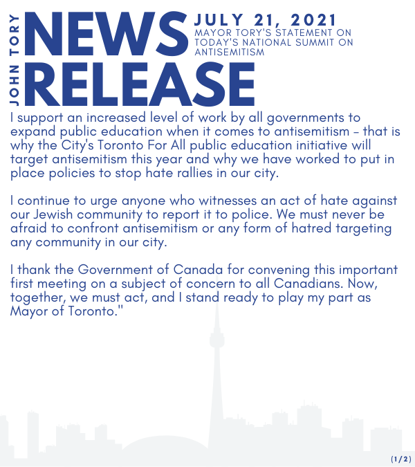 JohnTory's tweet photo. Today, I attended the National Summit on Antisemitism on behalf of the people of Toronto.

Read my statement below. https://t.co/ERBwwuG2Ge