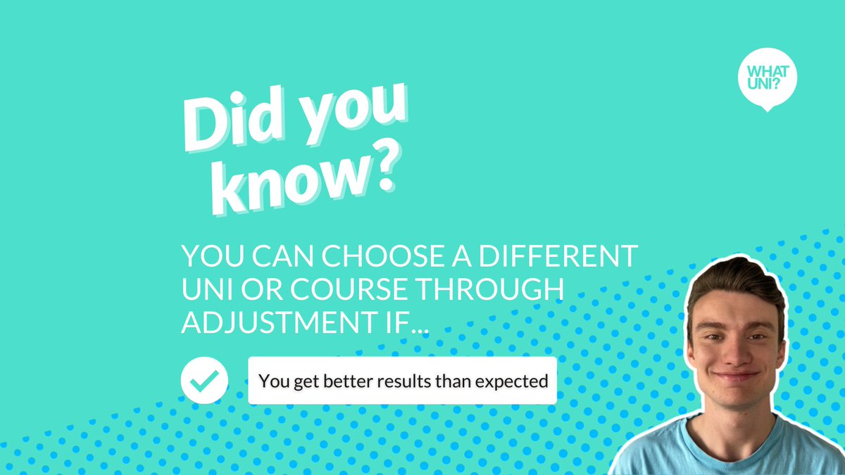 Whatuni's tweet photo. You have the option to go through Adjustment and choose a different course or uni if you've don't better than expected in you A-levels! Take a look at our guide on how Adjustment works and how we can help. https://t.co/3xc5jTAjga
#Clearing #Clearing2021 #England #ClearingAdvice https://t.co/wP6xOYUxIe