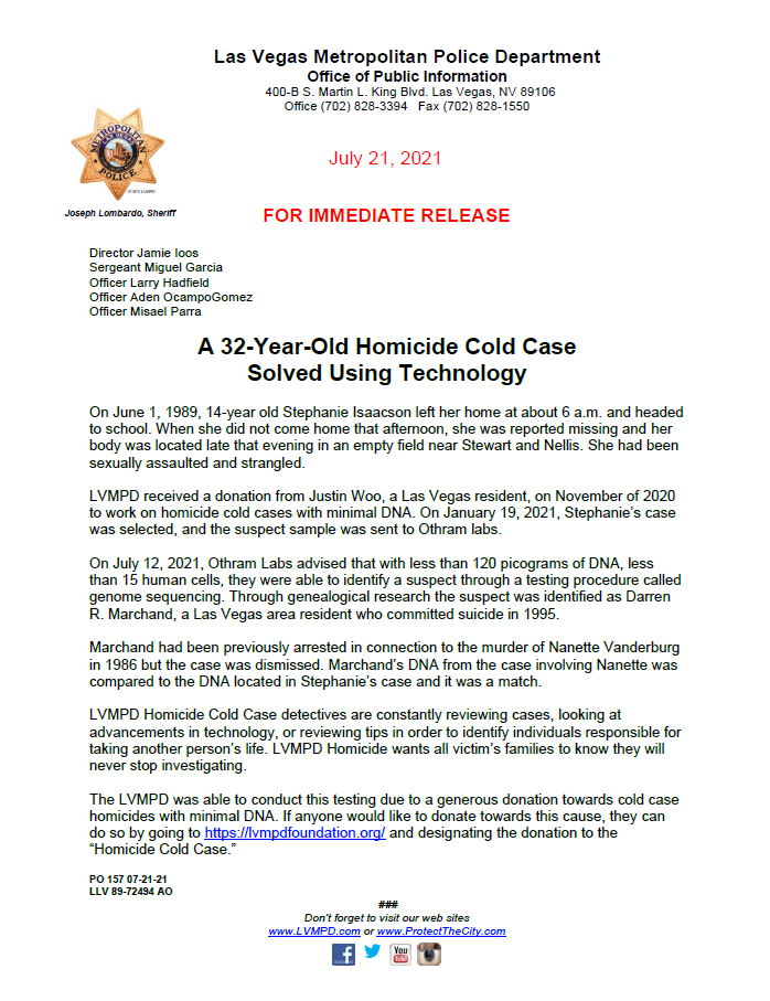 LVMPD's tweet photo. ➡️COLD CASE SOLVED: Our news conference is underway regarding a 32-year-old Las Vegas homicide cold case. An anonymous donation allowed us to work cold cases with very little DNA. 
📲This is the story of Stephanie Issacson, 14, who disappeared on June 1, 1989 https://t.co/rJNXi1vCZu