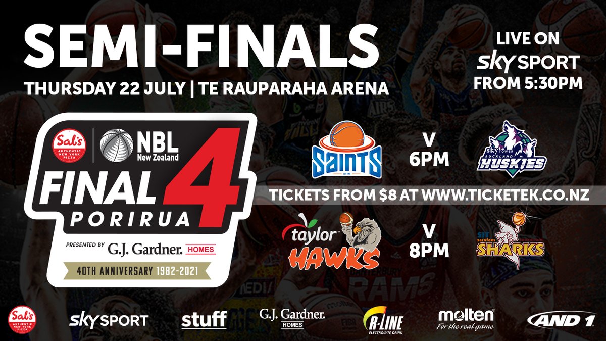 GAME DAY | here we go .... <a href="/saintswgtn/">Mills Albert Wellington Saints</a> <a href="/AucklandHuskies/">Sky Tower Auckland Huskies</a> <a href="/NZBayHawks/">Big Barrel Hawks</a> <a href="/SouthlandSharks/">Southland Sharks</a>  are set to battle it out for the 2021 #SalsNBL championship - starting tonight!

Semi Finals (see both games for the one price) - Adults from $20 / Children from $8

premier.ticketek.co.nz/shows/show.asp…