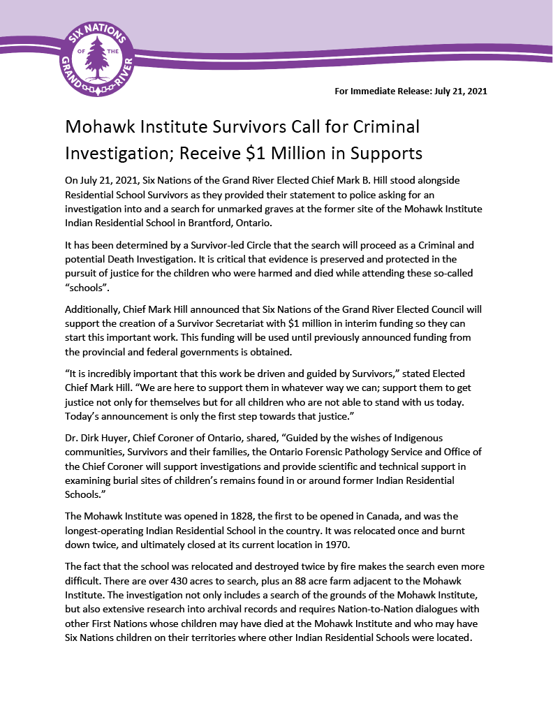 SixNationsGR's tweet photo. For Immediate Release: July 21, 2021

Mohawk Institute Survivors Call for Criminal Investigation; Receive $1 Million in Supports https://t.co/CiMniwCKWW