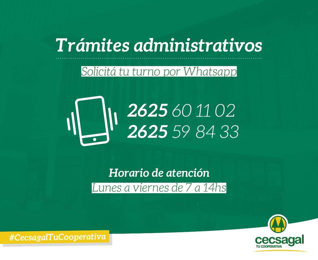 coopcecsagal's tweet photo. 📲 Para trámites administrativos, podes reservar tu turno al los números de WhatsApp en pantalla.

#Cecsagal #TuCooperativa https://t.co/20BlexGDA7