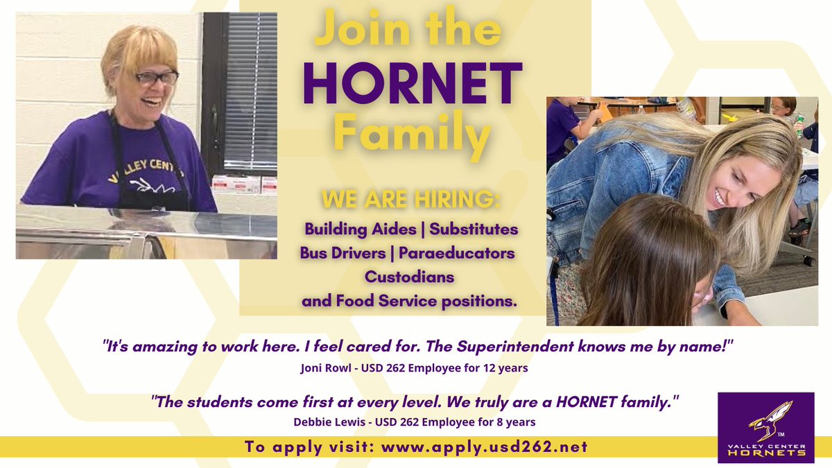 USD262's tweet photo. We are hiring! Work for a growing school district in a caring, supportive community! We offer competitive pay and benefits. Many positions allow you to have the same schedule as your children. For a list of all job opportunities, visit: https://t.co/6kbX5YaG13
#HornetFamily https://t.co/b6BDpjCGVA