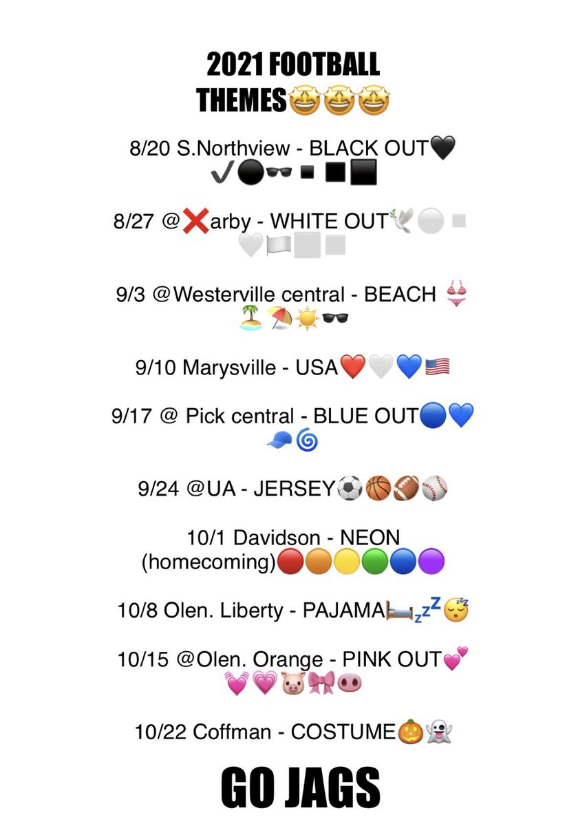 🚨🚨🚨UPDATED THEMES🚨🚨🚨

We are switching the themes for week 1 and 2

Week 1 is now BLACK OUT ⚫️🖤▪️

And week 2 is now WHITE OUT 🤍☁️🕊⚪️▫️🤍

Locations of games have not changed

Have a good day and GO JAGS💙💙