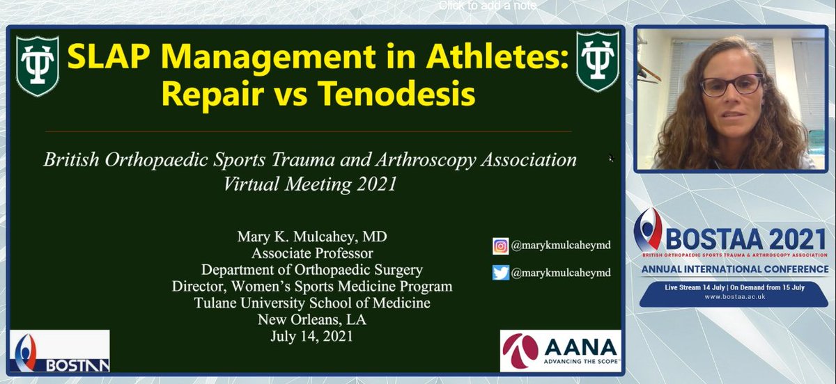 marykmulcaheymd's tweet photo. Thank you @BOSTAA_UK for inviting me to speak about the Management of #SLAP tears in #athletes as part of the #BOSTAA2021 Virtual Annual Meeting! Proud to represent @AANAORG!
#orthotwitter #SLAPrepair #bicepstenodesis @AAOS1 @TheFORUM15 https://t.co/HpIrXNGUrJ