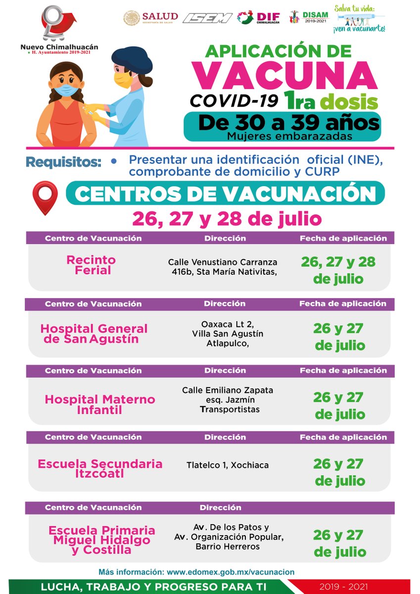 ChimalhuacanSi's tweet photo. Centros de vacunación contra el COVID-19 para adultos de 30 a 39 años de edad y mujeres embarazadas. 

Del 26 al 28 de julio se llevará a cabo la inmunización en cinco módulos instalados en territorio local:

https://t.co/OeEhRuubp9 https://t.co/67GKESSXAA