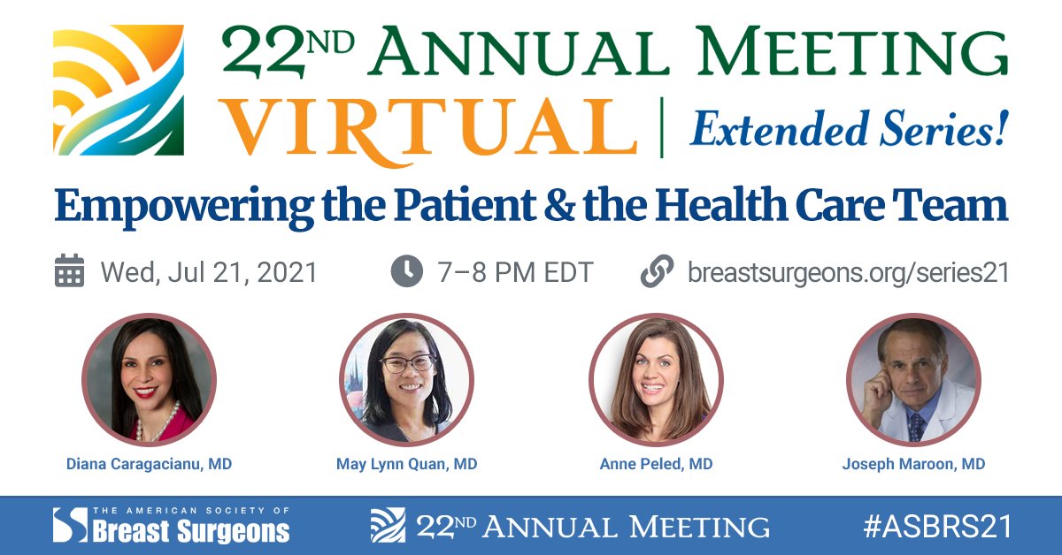 Our #ASBrS21 Extended Series continues TONIGHT! We're hosting "Empowering the Patient and the Health Care Team", a complimentary CME webinar open to all annual meeting attendees. Visit: breastsurgeons.org/series21

#breastsurgery 
<a href="/SBoolbol/">Dr. Susan K. Boolbol</a>
 <a href="/annepeledmd/">Anne Peled, M.D.</a>
 <a href="/LillianErdahlMD/">Dr. Lillian Erdahl MD</a>
 <a href="/Ermanmd/">Eric Manahan MD MBA</a>