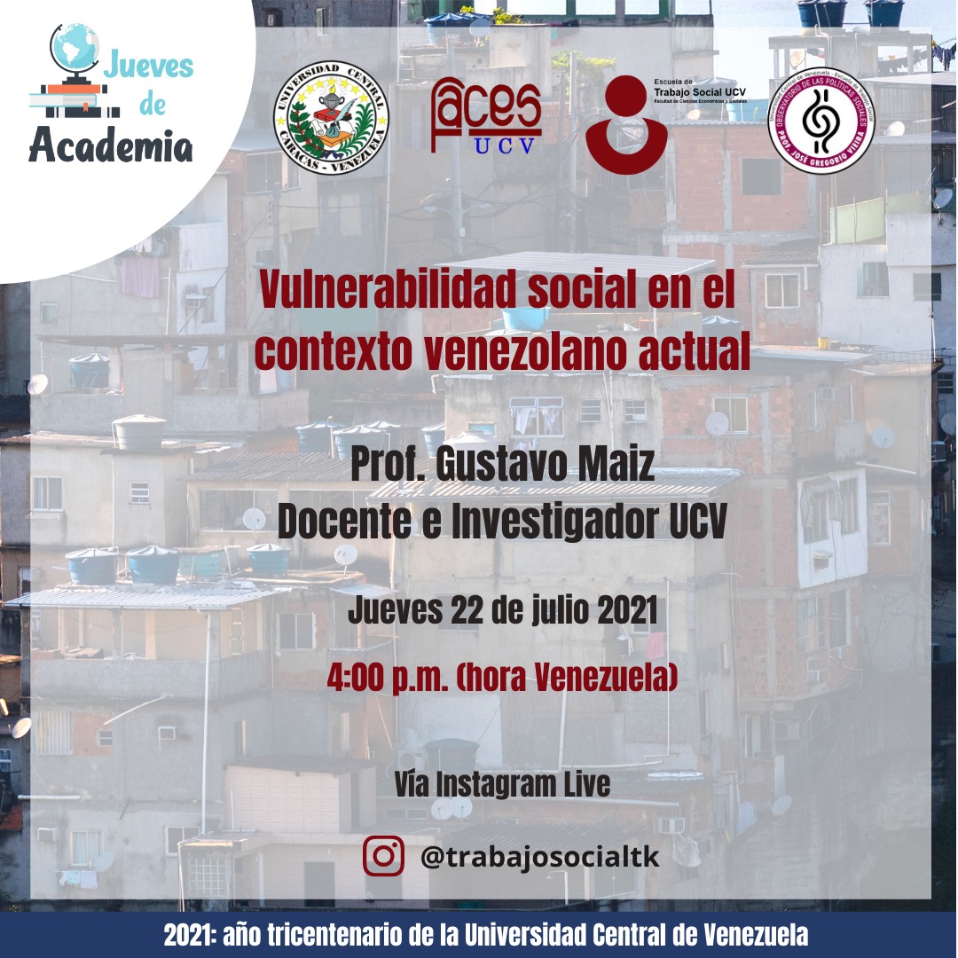 Mañana estaré con la Profa. Jennifer García en Jueves de Academia, hablando sobre Vulnerabilidad Social en el contexto Venezolano <a href="/TrabajoSocialtk/">Escuela de Trabajo Social UCV</a>