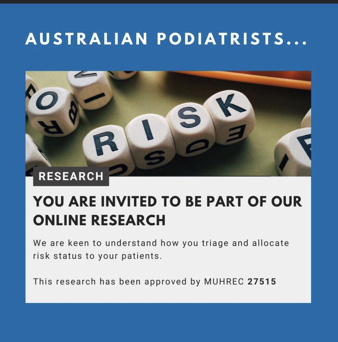 Alicia James (@alicia_james84) on Twitter photo Final call out to Australian Podiatrists Helen Banwell, Cylie Williams, Rani Dars and I are looking for people to join a three-round Delphi survey on how you triage/allocate risk. 👣👇
For more information on the research and how you can be part – click: monashmnhs.qualtrics.com/jfe/form/SV_eC… Final call out to Australian Podiatrists Helen Banwell, Cylie Williams, Rani Dars and I are looking for people to join a three-round Delphi survey on how you triage/allocate risk. 👣👇
For more information on the research and how you can be part – click: monashmnhs.qualtrics.com/jfe/form/SV_eC…