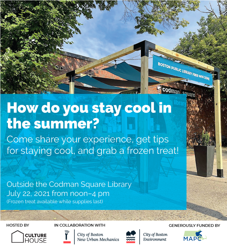 MidDotOns's tweet photo. Hey #Dorchester! Tomorrow @BostonEnviro will be at Codman Square Library at the cool spot location- they want to hear from you about how you experience heat in your neighborhood. Stop by, share some of your thoughts and ideas about cooling, and enjoy a frozen treat! https://t.co/ulfILNSflK