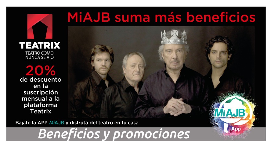 AJBOficial's tweet photo. 📌 #NuevoBeneficio con la app #MiAJB
Si sos afiliado o afiliada a la AJB, podés acceder a un 20% de descuento en la suscripción mensual a #Teatrix, la primera plataforma del país que te permite ver teatro en alta definición desde cualquier dispositivo https://t.co/g3QXvHI5o5