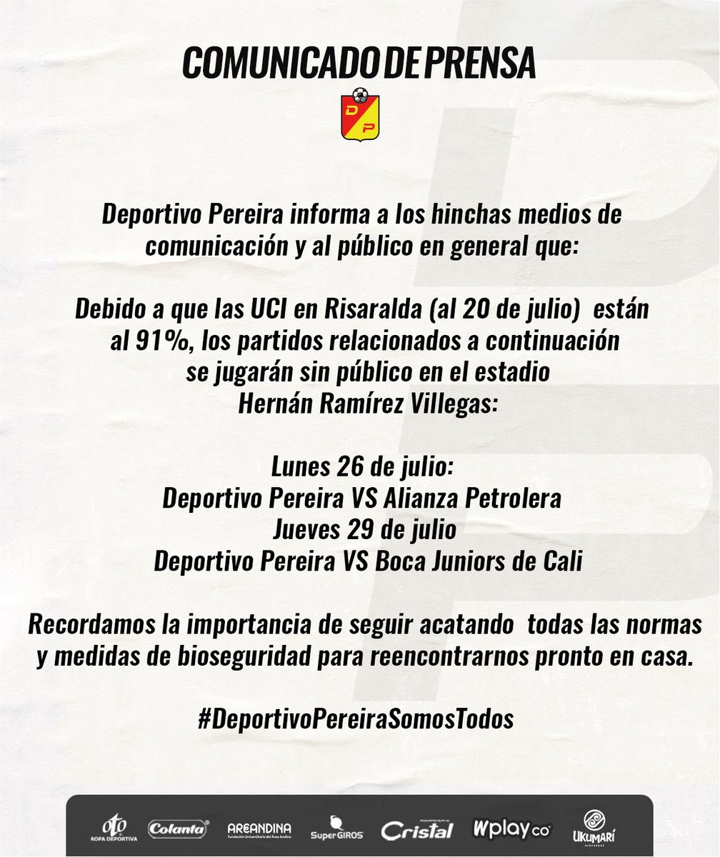 DeporPereiraFC's tweet photo. ✍️ [Comunicado 21-7-21] 

#DeportivoPereiraSomosTodos
#SomosElGrandeMatecaña❤️💛 https://t.co/p6qbpch0yX