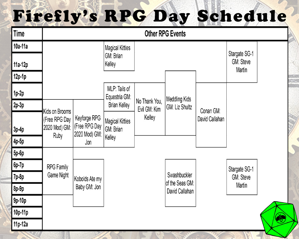 Join us for Firefly's RPG Day this Saturday, July 24th!  Come and play Role Playing Games ALL. DAY. LONG! Check out our website for more information: fireflytoysandgames.com