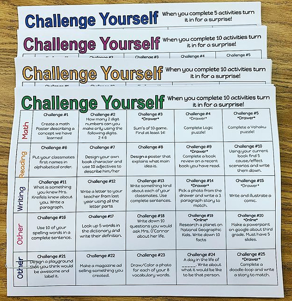 teacher2teacher's tweet photo. ✔ Complete a puzzle!

✔ Create a poster!

✔ Write and illustrate a comic!

When T Justine Kreifels's Ss finish their work early, these challenge boards keep their learning going – and get their creativity flowing!

https://t.co/ELcOFzY2iX #BeTheOne https://t.co/SjaaJrPukb