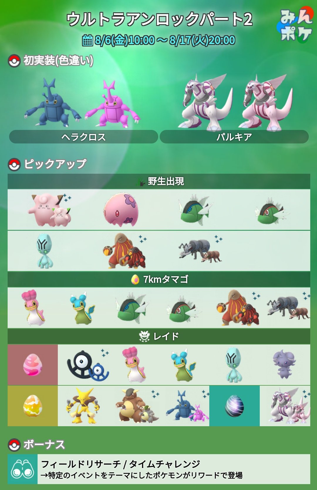 ポケモンgo攻略 みんポケ ウルトラアンロックパート2 空間 の詳細が発表されました 開催期間 8月6日 金 10 00 8月17日 火 00 開催内容 パルキア ヘラクロスの色違いが実装 野生 レイド 7kmタマゴで地域限定ポケモンが出現 T Co