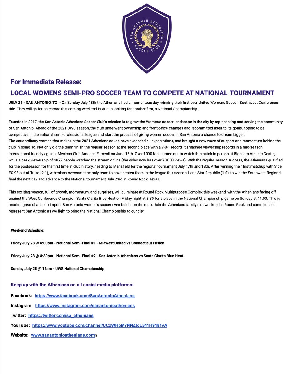We are the Athenians. 

We are San Antonio's premier women's soccer club and we are competing for a National Championship this Friday!

Here's our story and the schedule for the weekend: 

See you there #AthenaFamily 💜