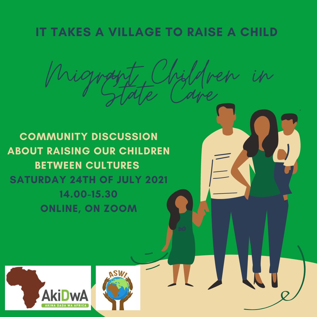 Join us and @SocialAswi this Saturday to talk about migrant #childreninstatecare in Ireland.  Part of AkiDwA's #ittakesavillage project
.
Register on Eventbrite (link below), or email us at info@akidwa.ie to receive the Zoom link.
.
eventbrite.ie/e/it-takes-a-v…