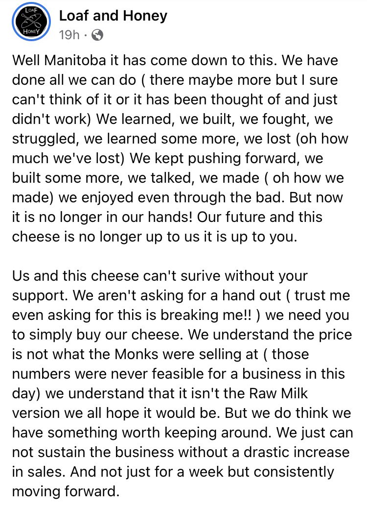 jeansivi's tweet photo. Please read from our friends Dustin and Rachel at Loaf and Honey, and ask for Golden Prairie cheese next time you’re at the store/restaurant.
They’ve been trying to preserve this Manitoba raw-milk cheese recipe for years. #savethecheese https://t.co/FbolSQV9yb