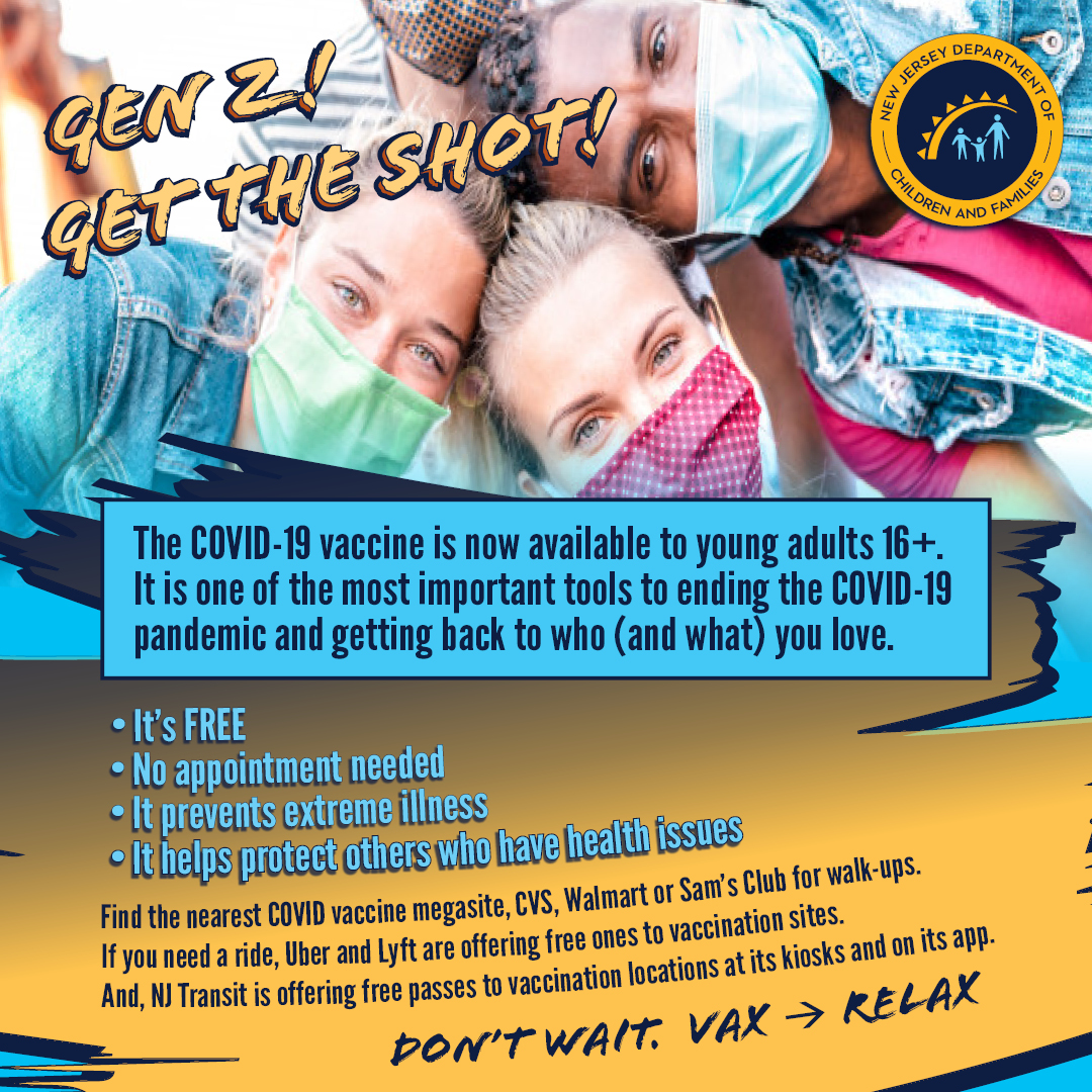 We want Gen Z to get vaccinated💉

The “wait and see” mindset of teens &amp; young adults is putting their and their loved ones' health at risk, resulting in a rise in hospitalizations!

Don't wait. Get Vaccinated!

➡️Parents can help them find appts online: covid19.nj.gov/pages/finder