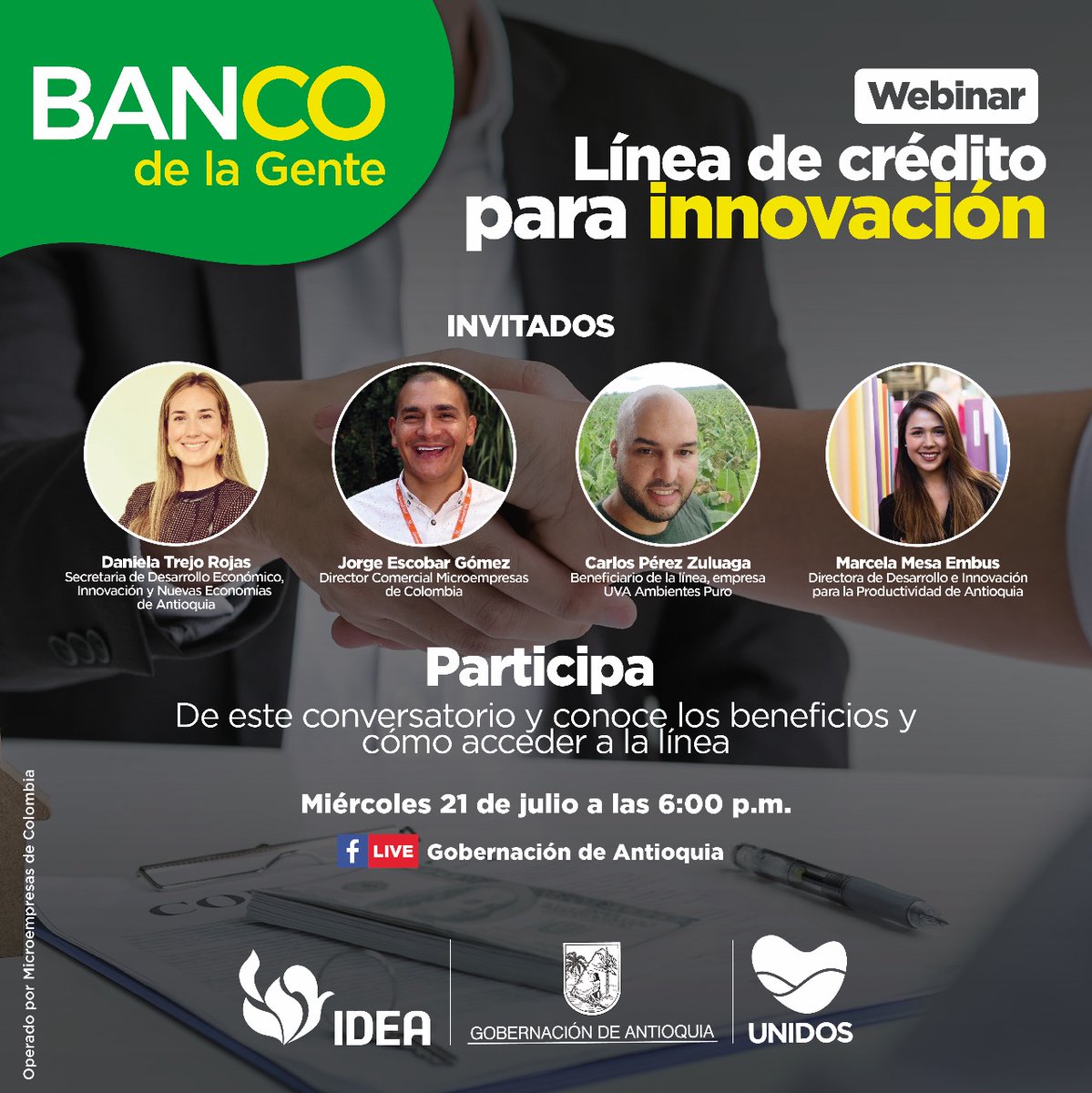 DesarrolloEcoAn's tweet photo. Conéctate con nosotros en el conversatorio sobre la línea de crédito para innovación del #BancoDeLaGente y entérate de cómo acceder para que tus sueños productivos se hagan realidad. 💡✨

⏰ 6:00 p.m.
🎥 #FacebookLive @GobAntioquia

¡Te esperamos! https://t.co/JeXcpsudkK