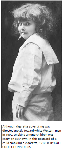 "Aunque la publicidad de cigarrillos fue dirigida principalmente hacia los hombres blancos occidentales en 1900 el tabaquismo entre los niños era común como se muestra en esta postal de un niño fumando, 1910."  -Tobacco in History and Culture: An Encyclopedia" J. Goodman.